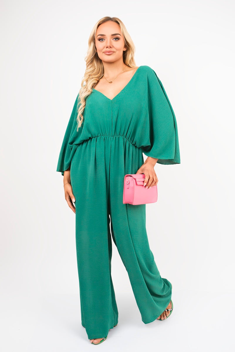 Wide Leg V Neck Jumpsuit with Back Tie Detail