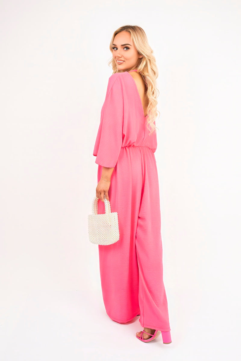 Wide Leg V Neck Jumpsuit with Back Tie Detail