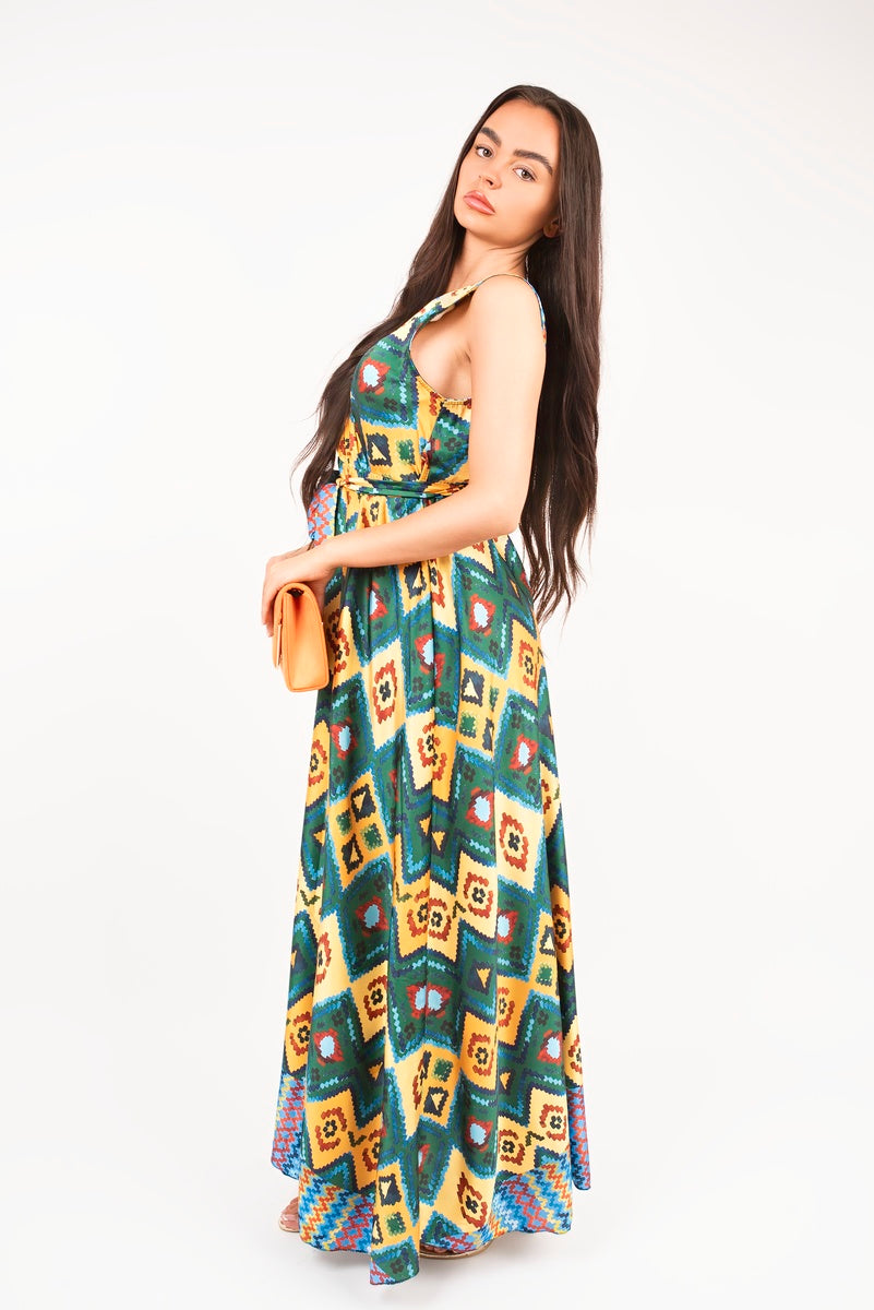 V Neck Sleeveless Maxi Dress with Tie Waist