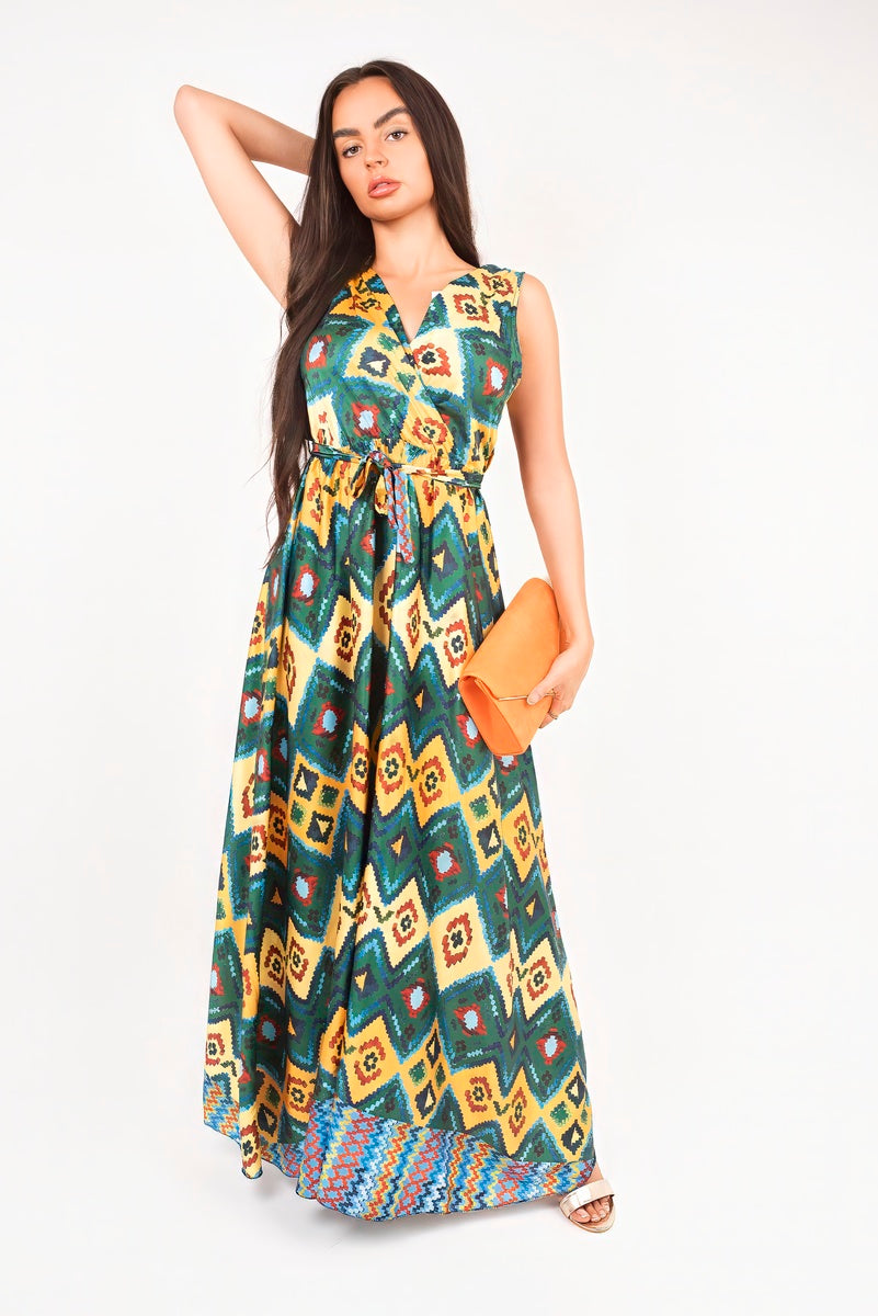 V Neck Sleeveless Maxi Dress with Tie Waist