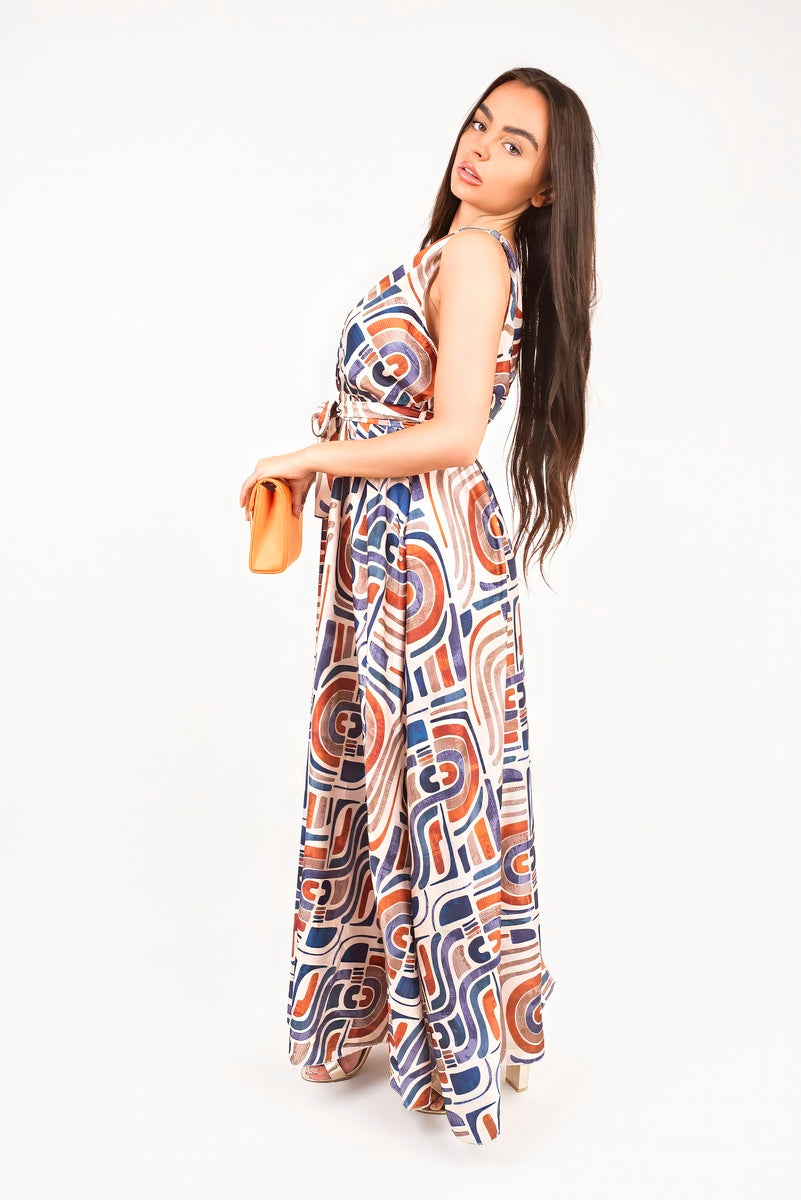 V Neck Sleeveless Maxi Dress with Tie Waist