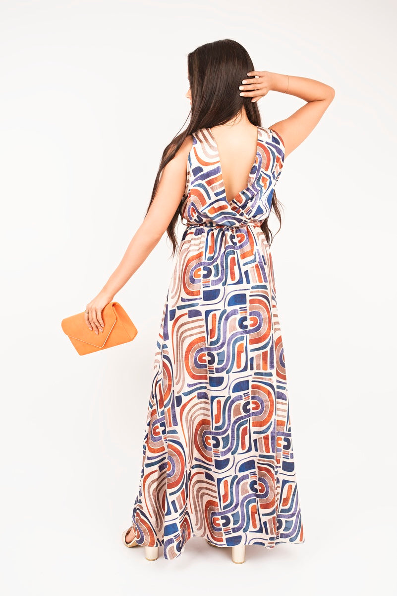 V Neck Sleeveless Maxi Dress with Tie Waist