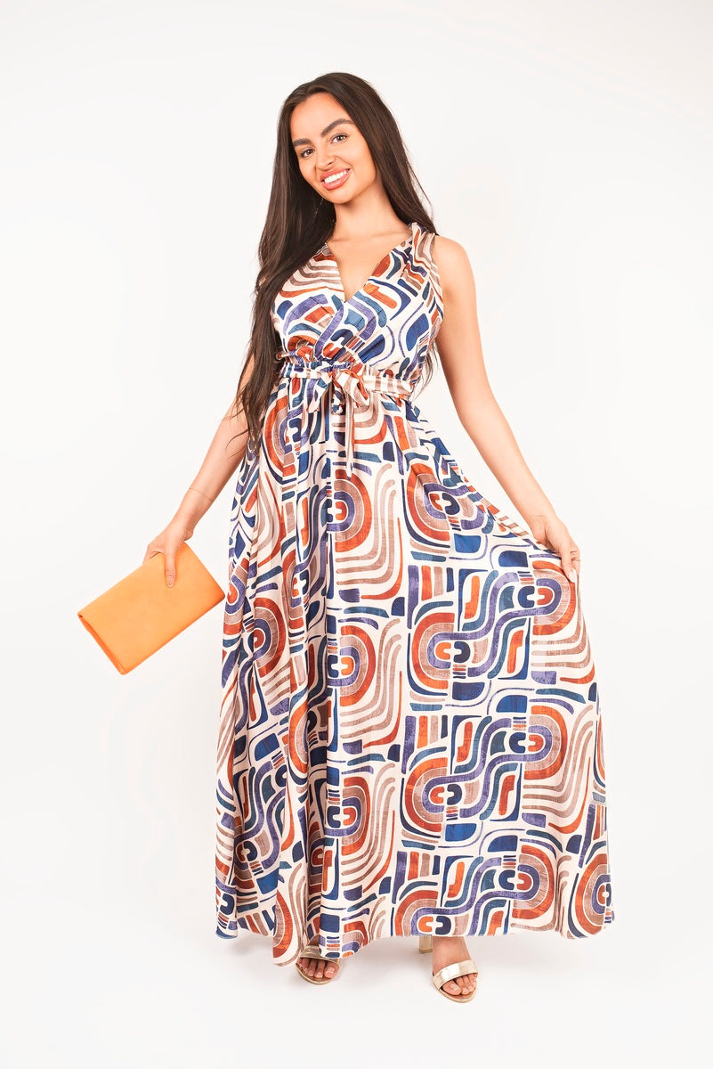 V Neck Sleeveless Maxi Dress with Tie Waist