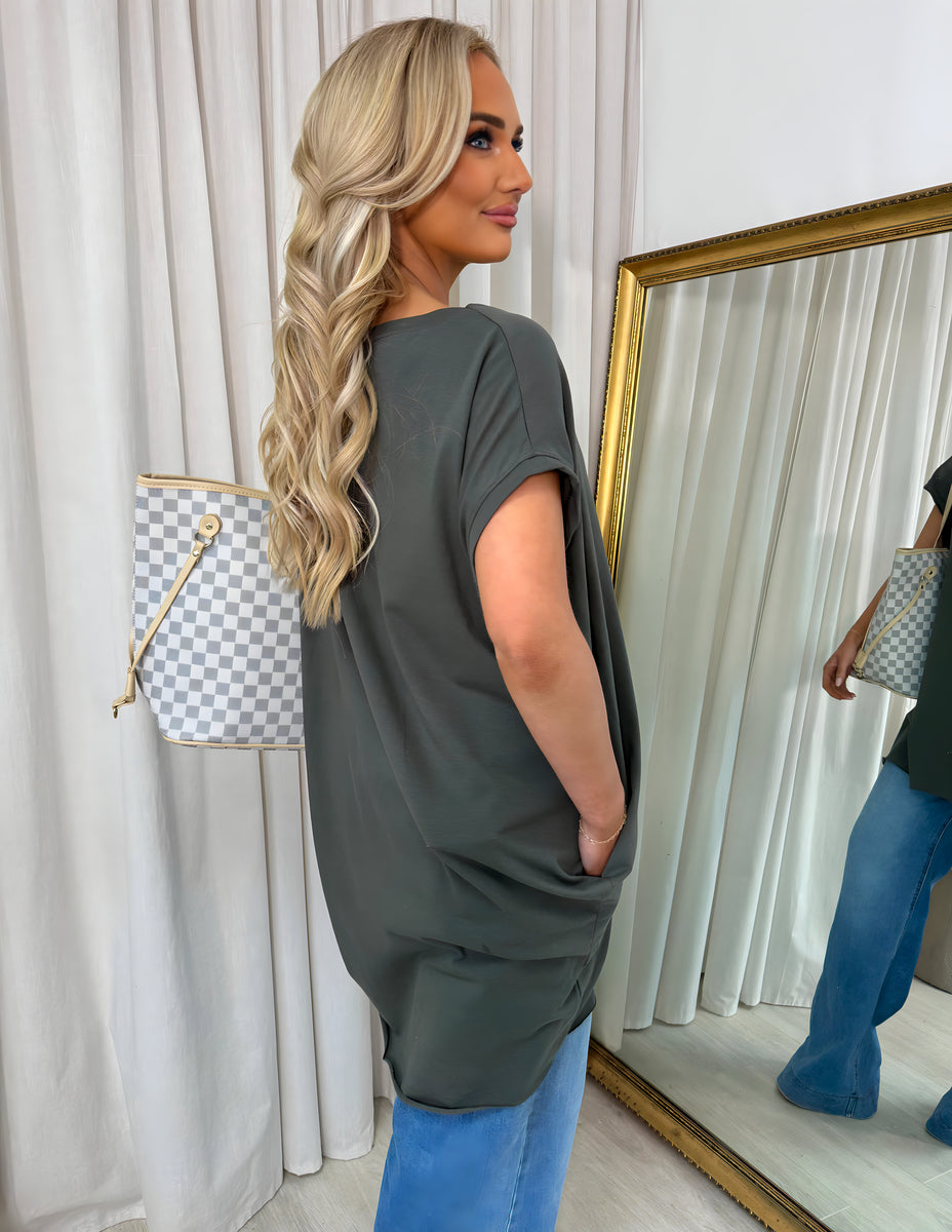 Round Neck with Side Pockets Oversized Top