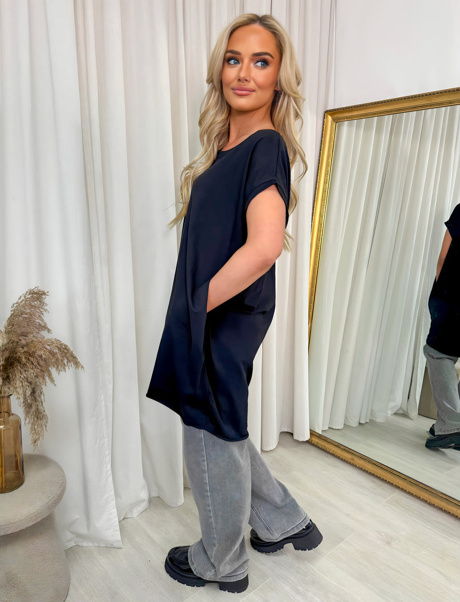 Round Neck with Side Pockets Oversized Top