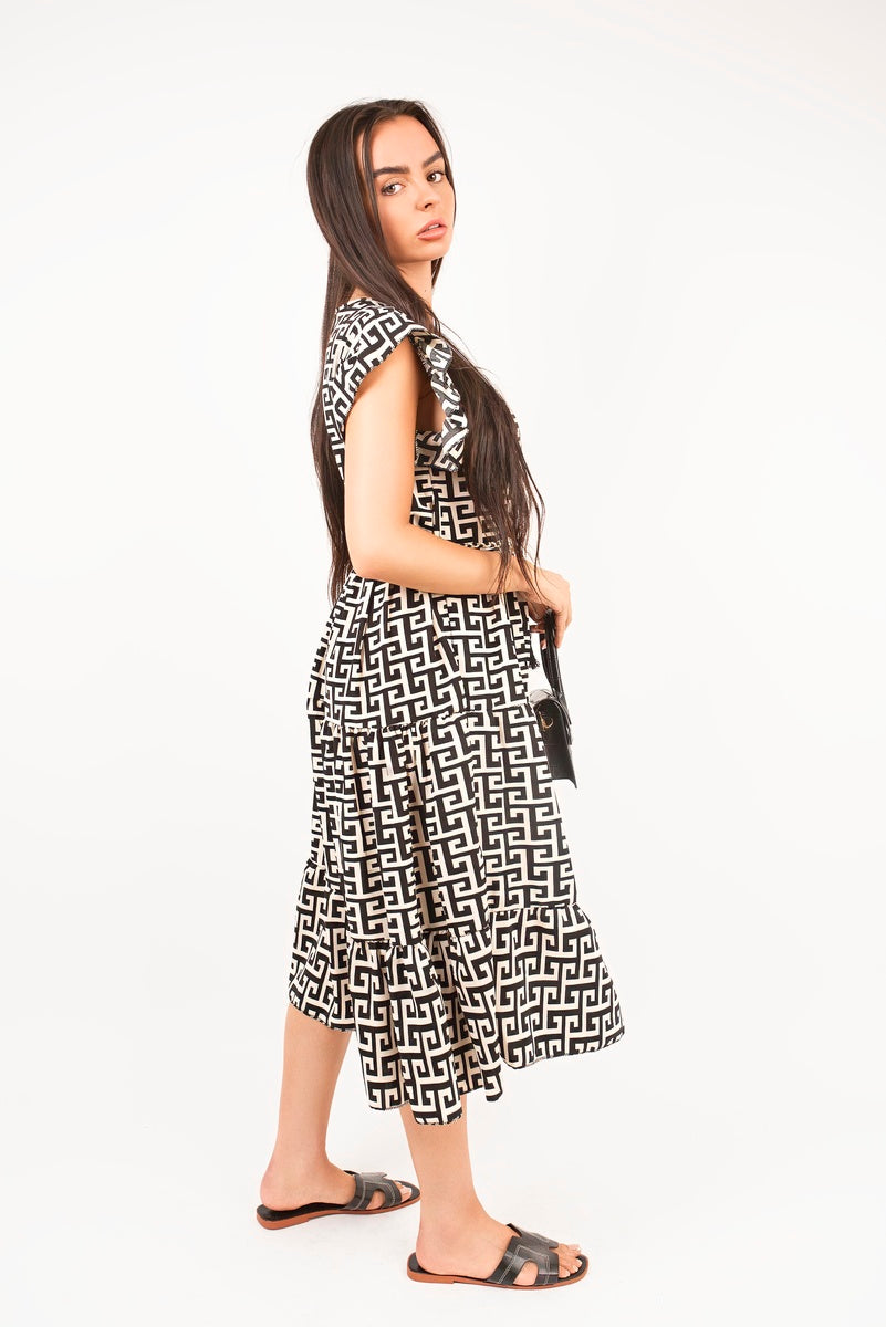 Printed Short Sleeve Tiered Midi Dress with Waist Tie