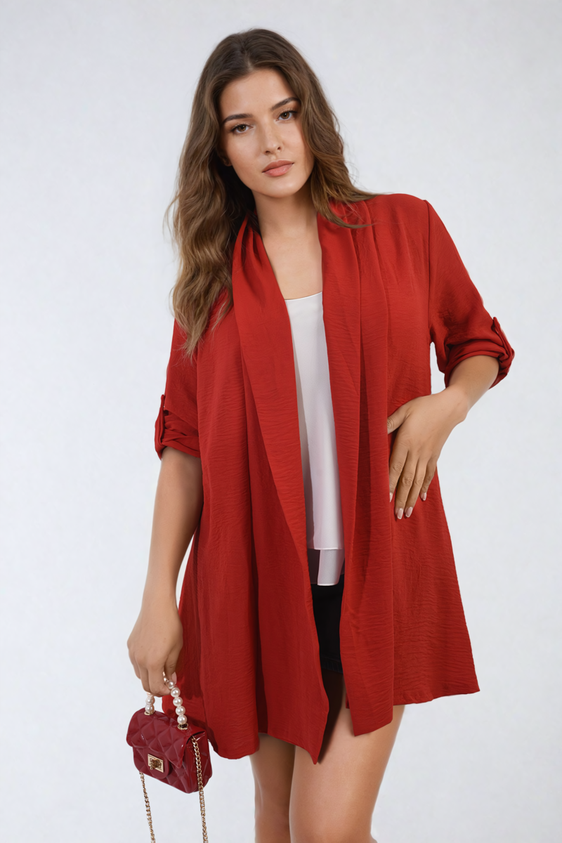 Open Front Roll Up Sleeve Cardigan