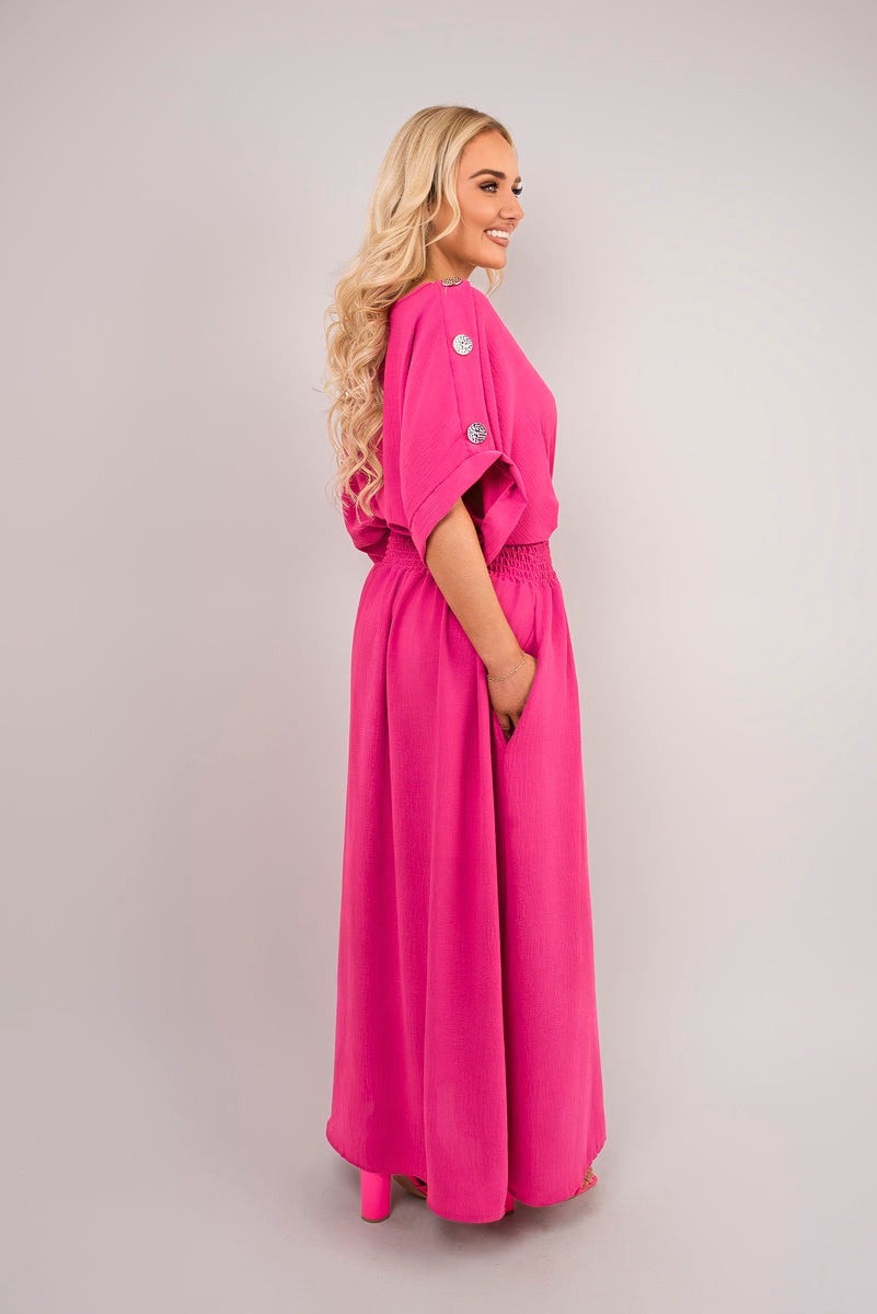 V Neck Short Sleeve Maxi Dress with Button Detail