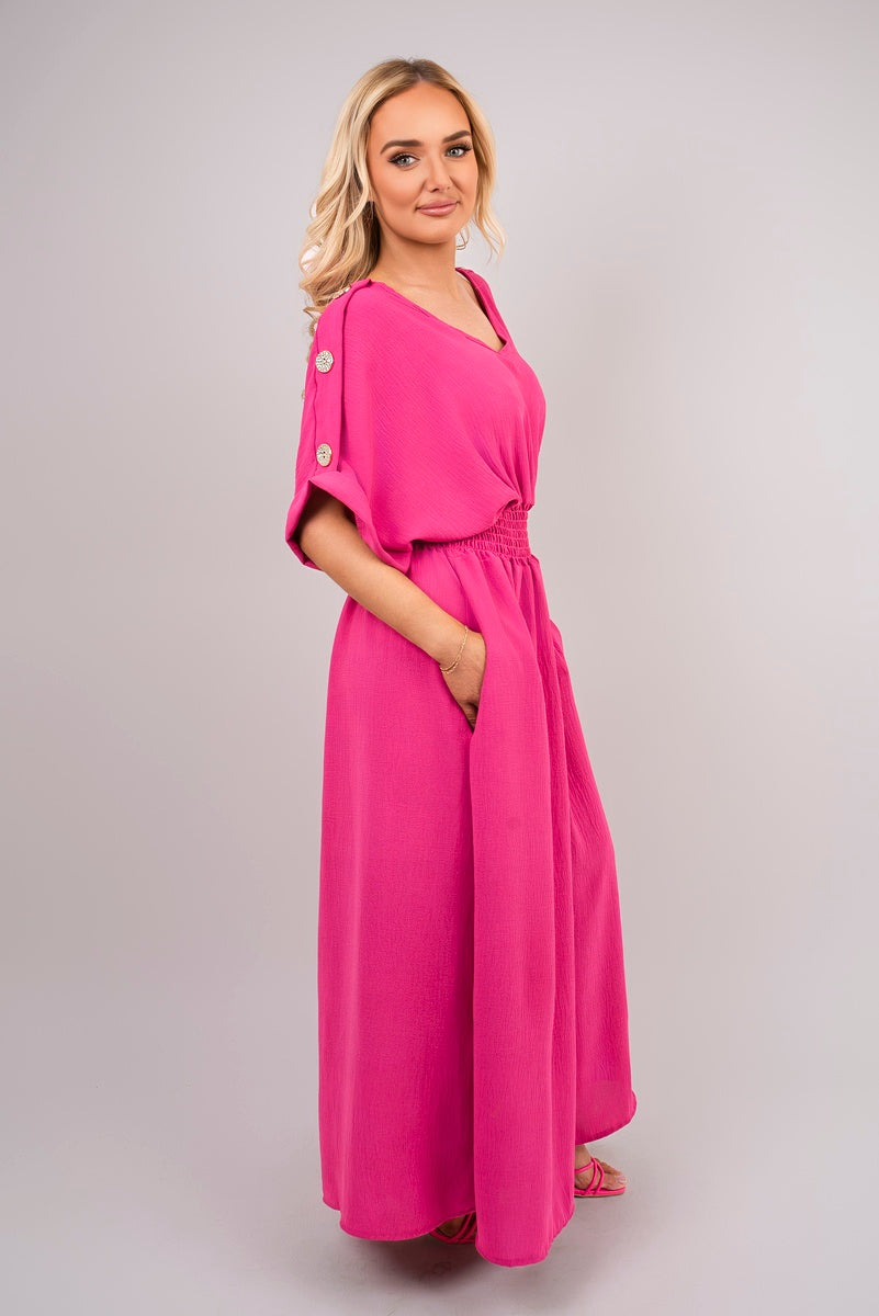 V Neck Short Sleeve Maxi Dress with Button Detail