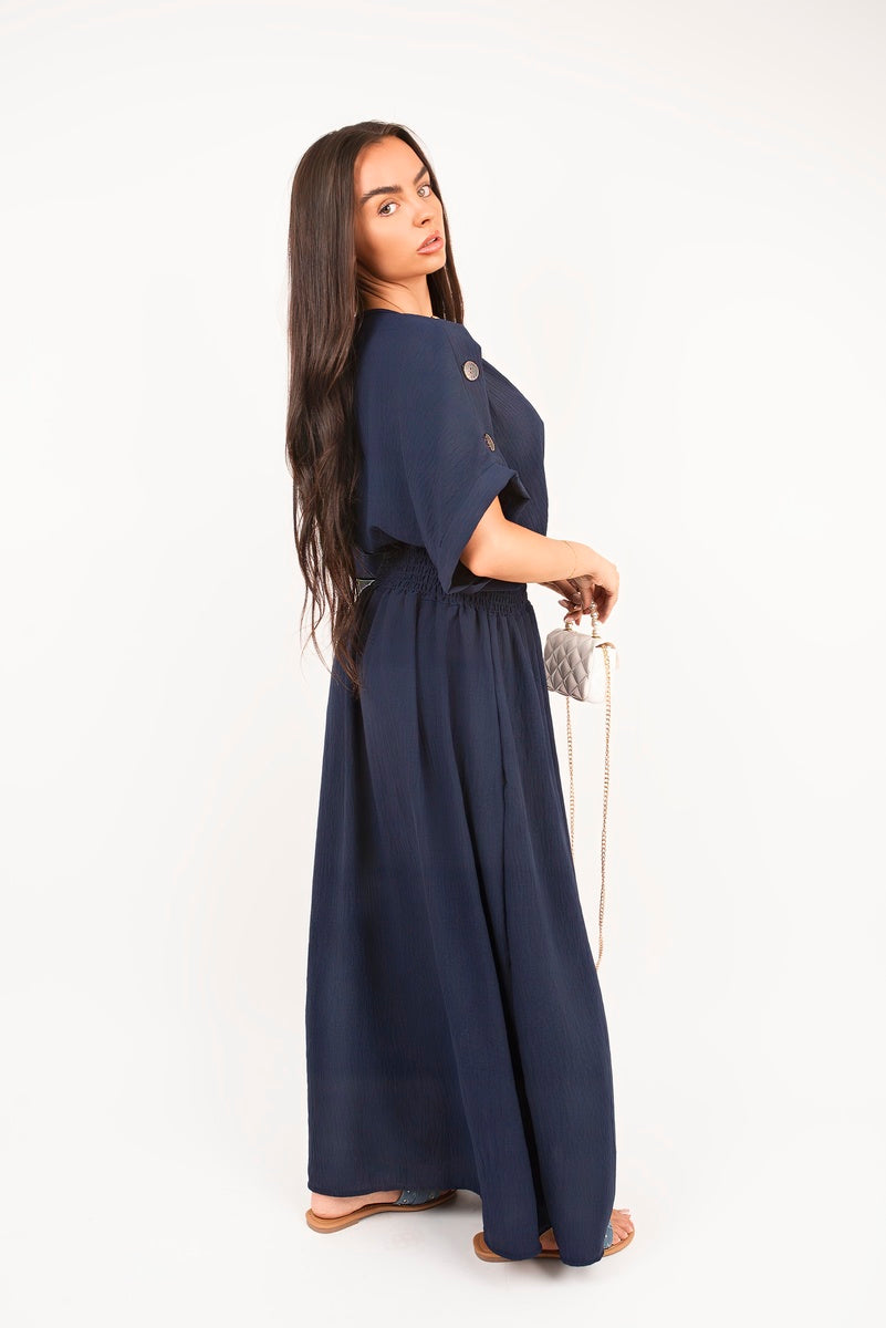 V Neck Short Sleeve Maxi Dress with Button Detail