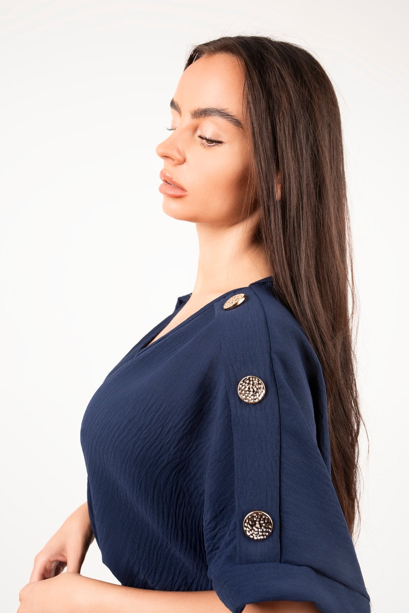 V Neck Short Sleeve Maxi Dress with Button Detail