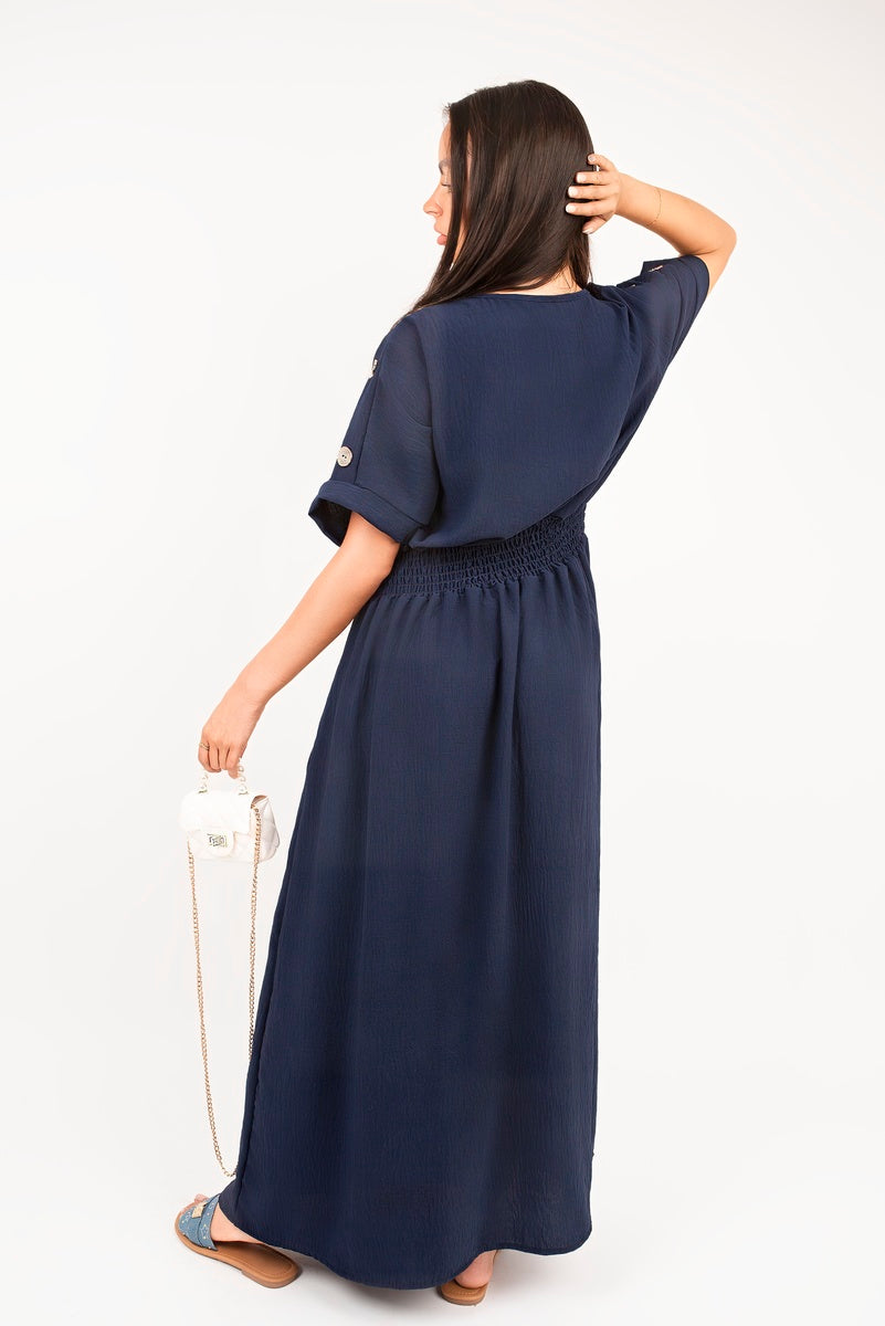 V Neck Short Sleeve Maxi Dress with Button Detail